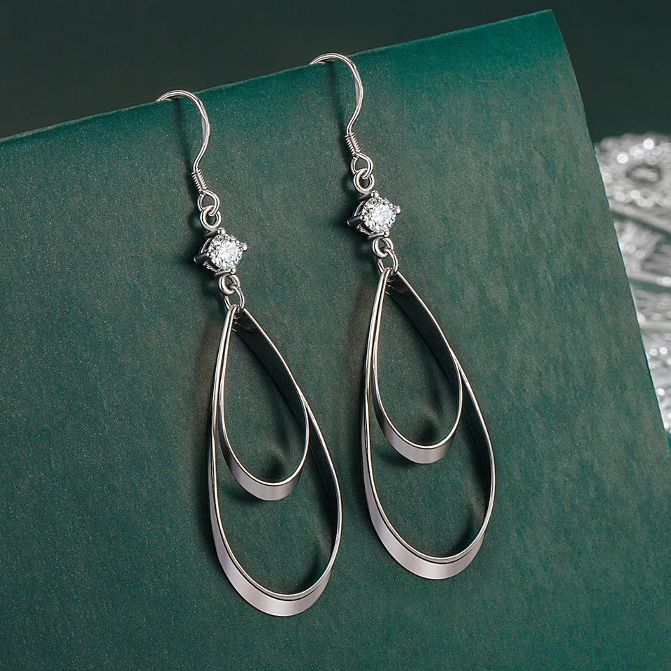 Women's Silver Oval Water Drop Earrings
