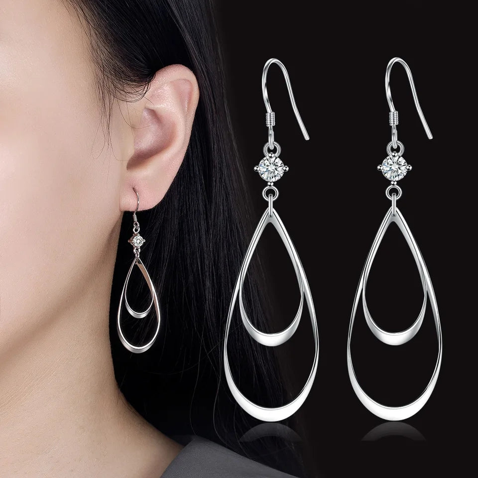 Women's Silver Oval Water Drop Earrings