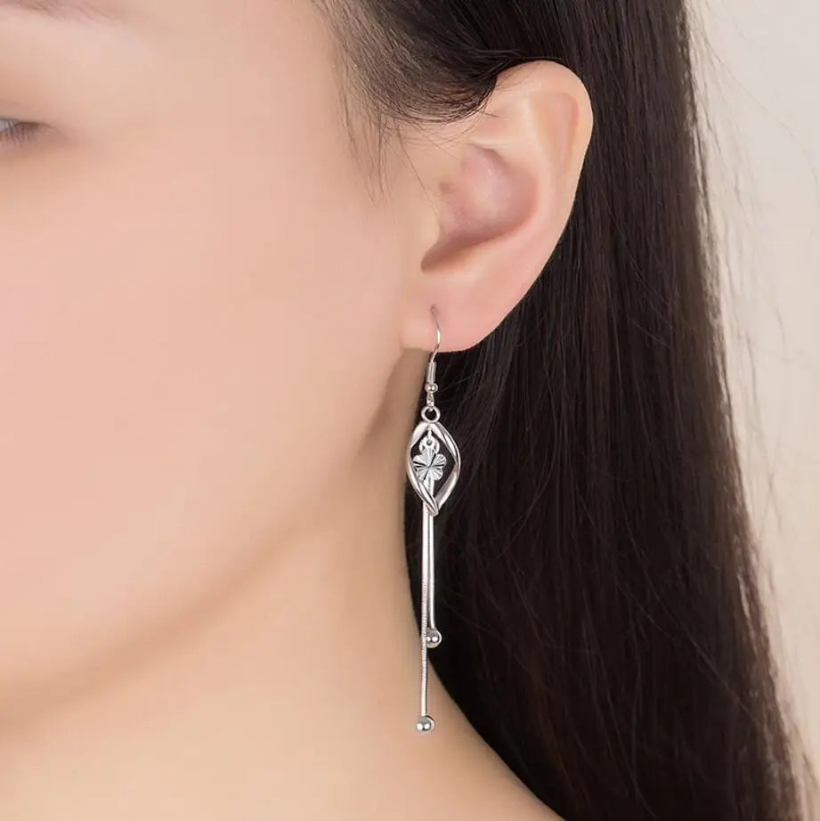 Women's Silver Leaf Tassel Drop Earrings