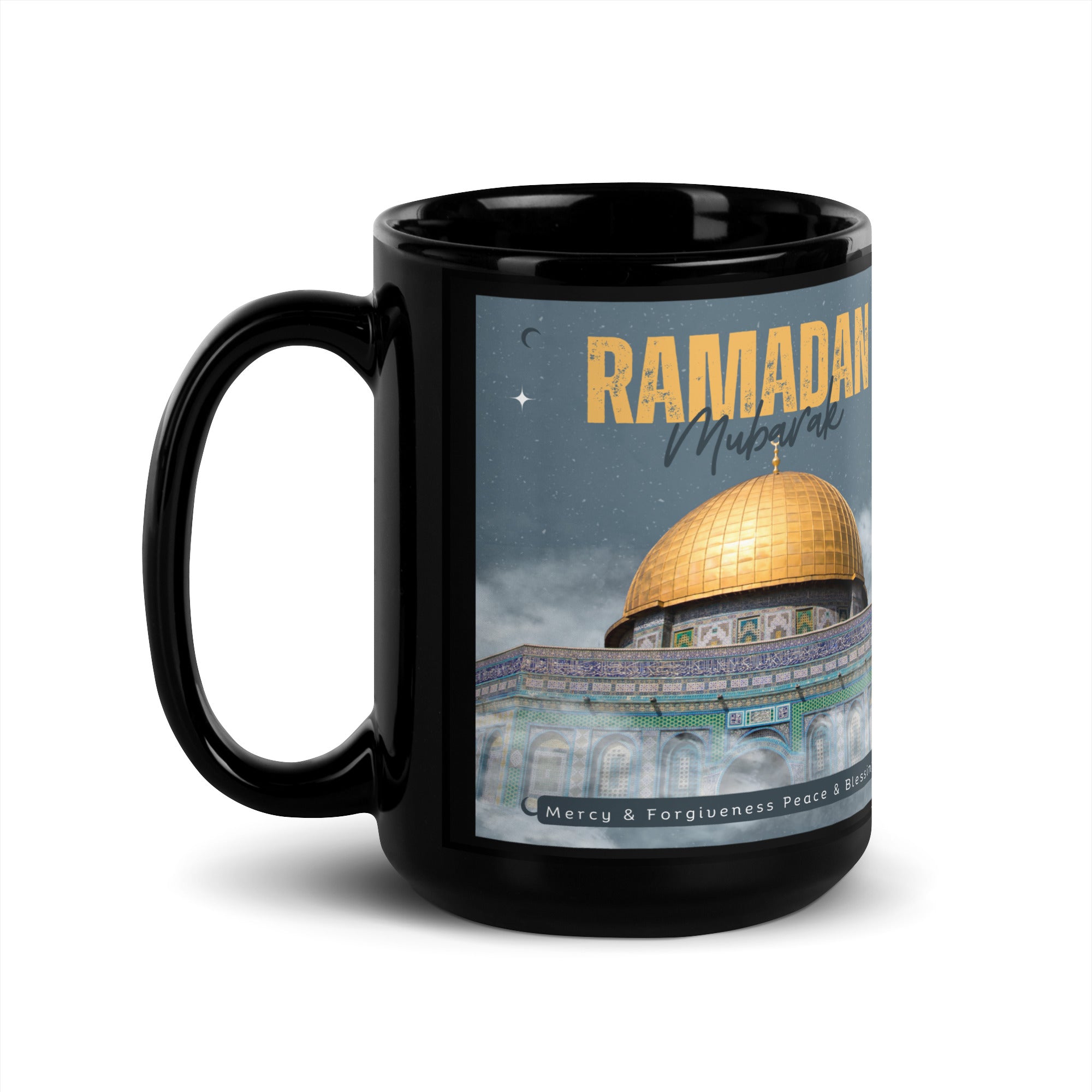 Ramadan Mubarak Black Glossy Mug Jerusalem