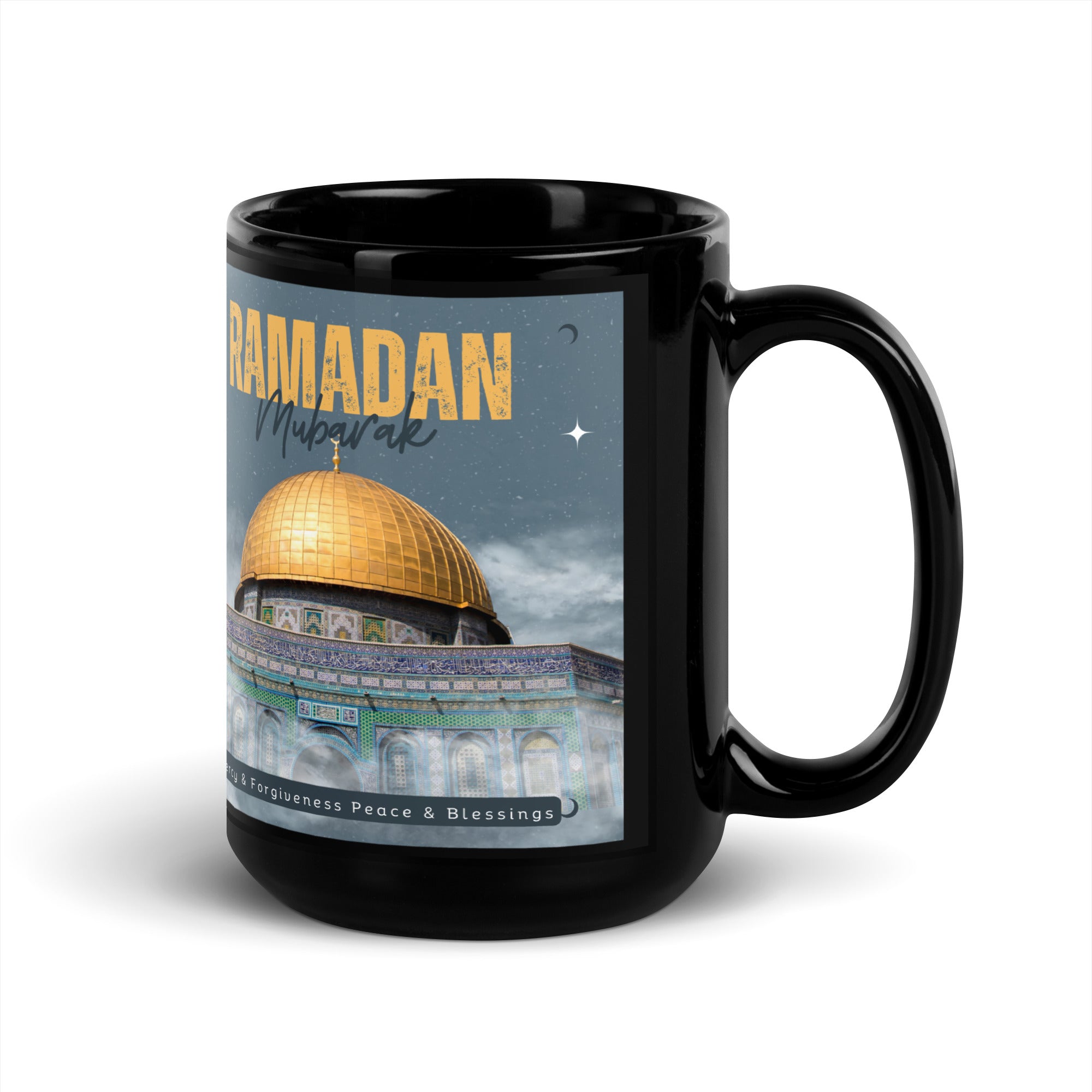 Ramadan Mubarak Black Glossy Mug Jerusalem