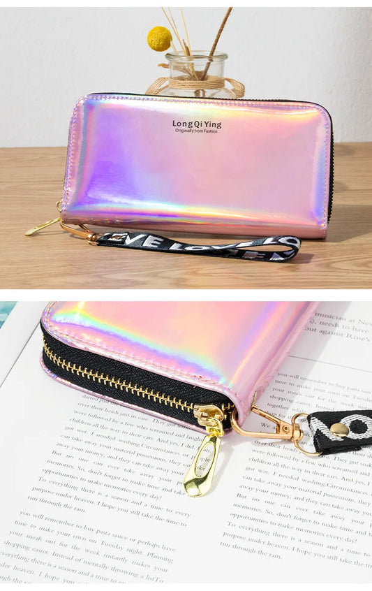Women's New Laser Holographic Wristlet Wallet PU Leather Purse Pink